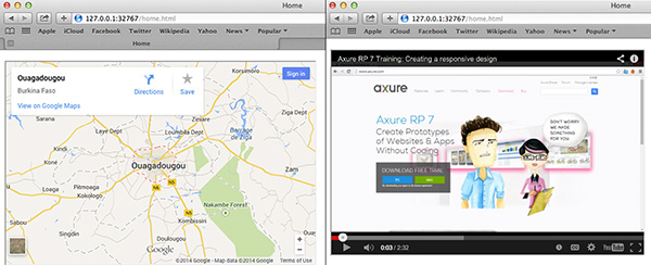 I used Axure's inline frame widget to embed an interactive Google Map and a YouTube video.