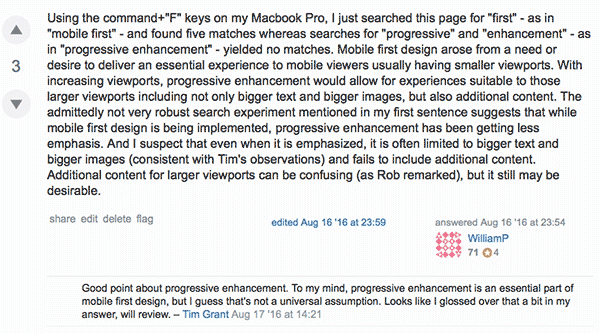 My response to a question regarding mobile-first design on UX Stack Exchange.