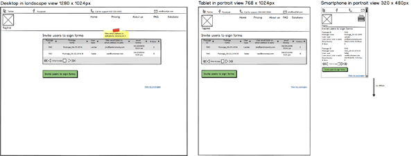 A wireframe I created using Balsamiq showing a mockup in desktop, tablet and mobile screens.
