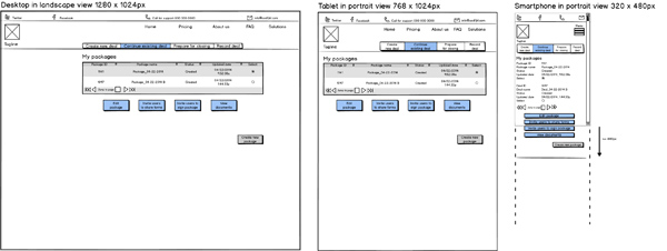 Another wireframe I created using Balsamiq showing desktop, tablet and mobile screens.